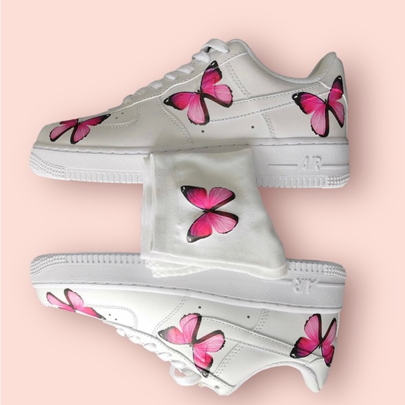 Women's Custom Pink Butterfly Air Force One Sneakers With Free